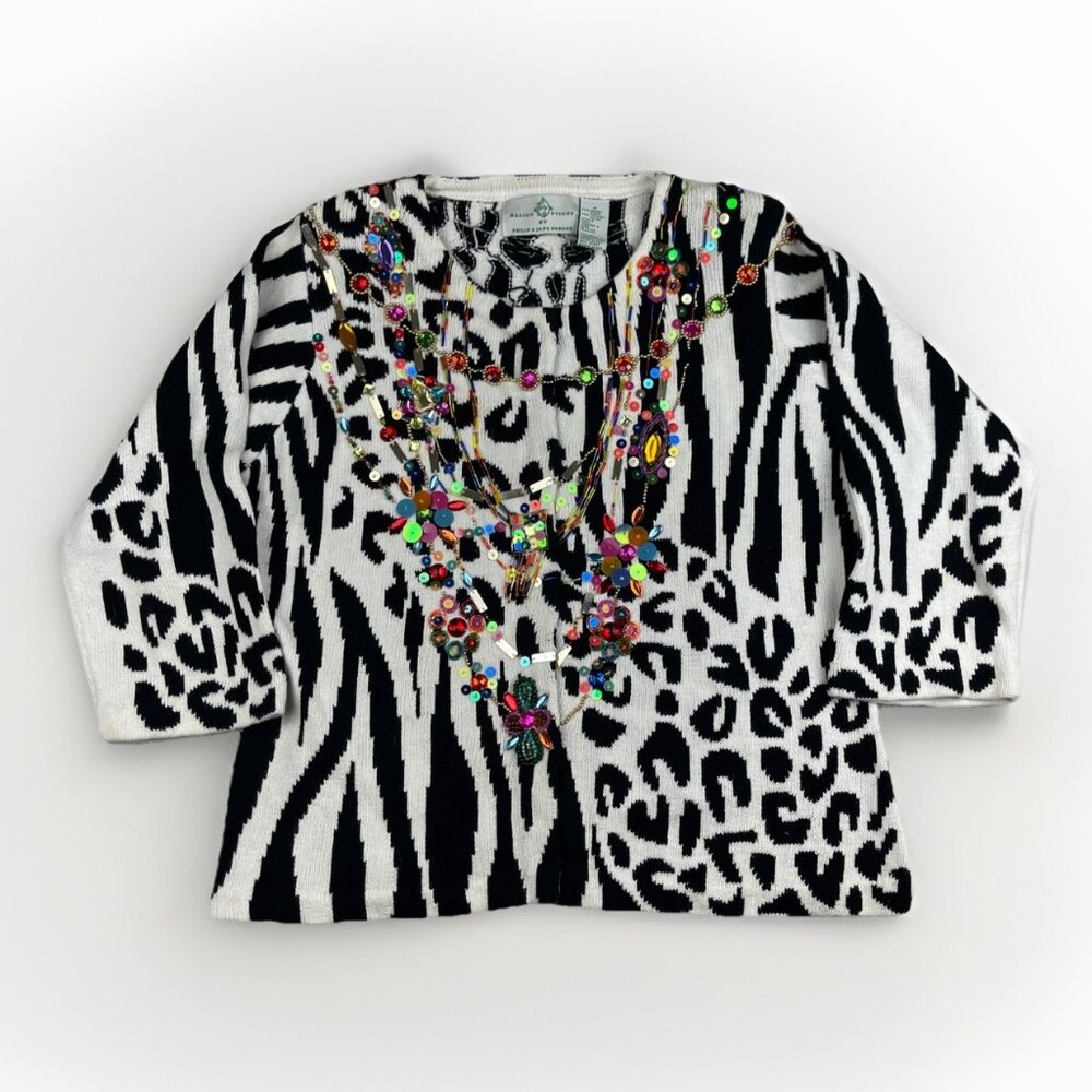 Design Options By Philip & Jane Gordon Zebra Print Jewel Sweater Cardigan Size M